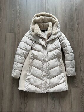 Andrew Marc Cream Puffer Coat with Faux-Sherpa Hood